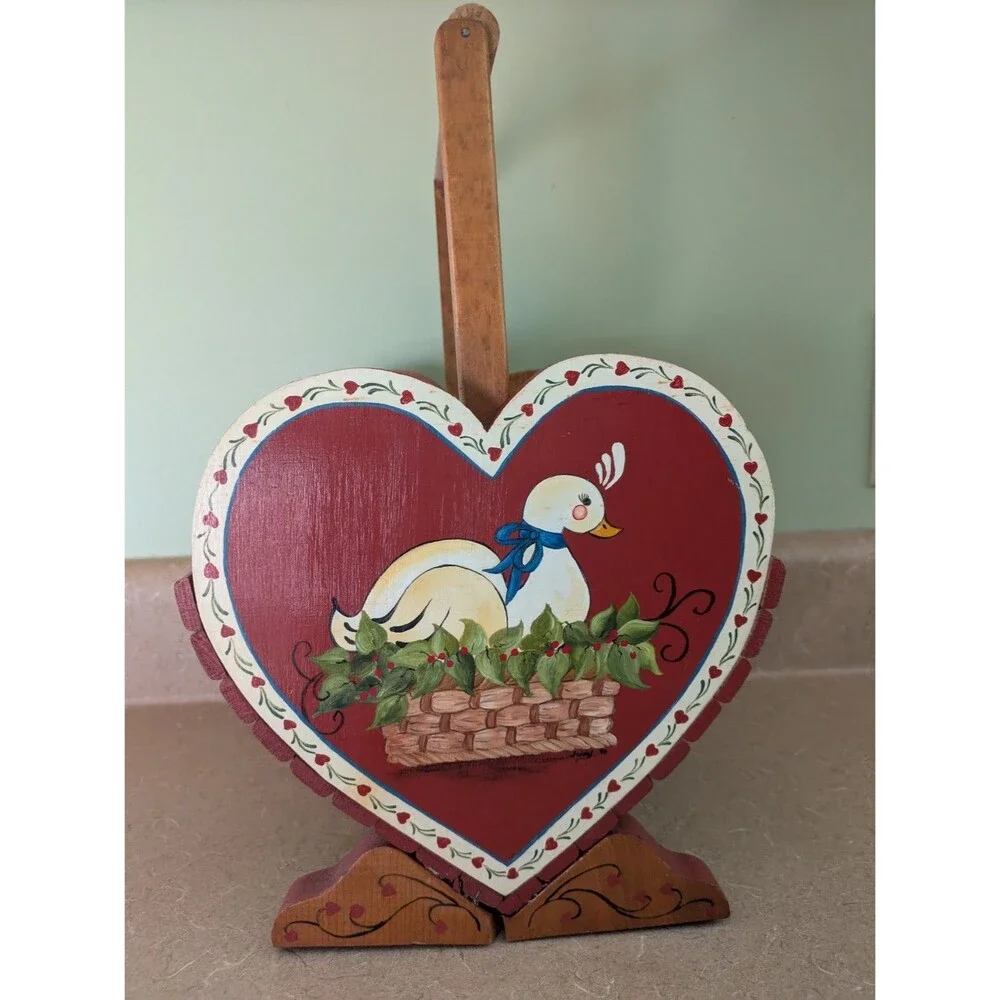 Vintage 80s Wood Heart Basket With Hand Painted Duck Shabby Chic Cottagecore